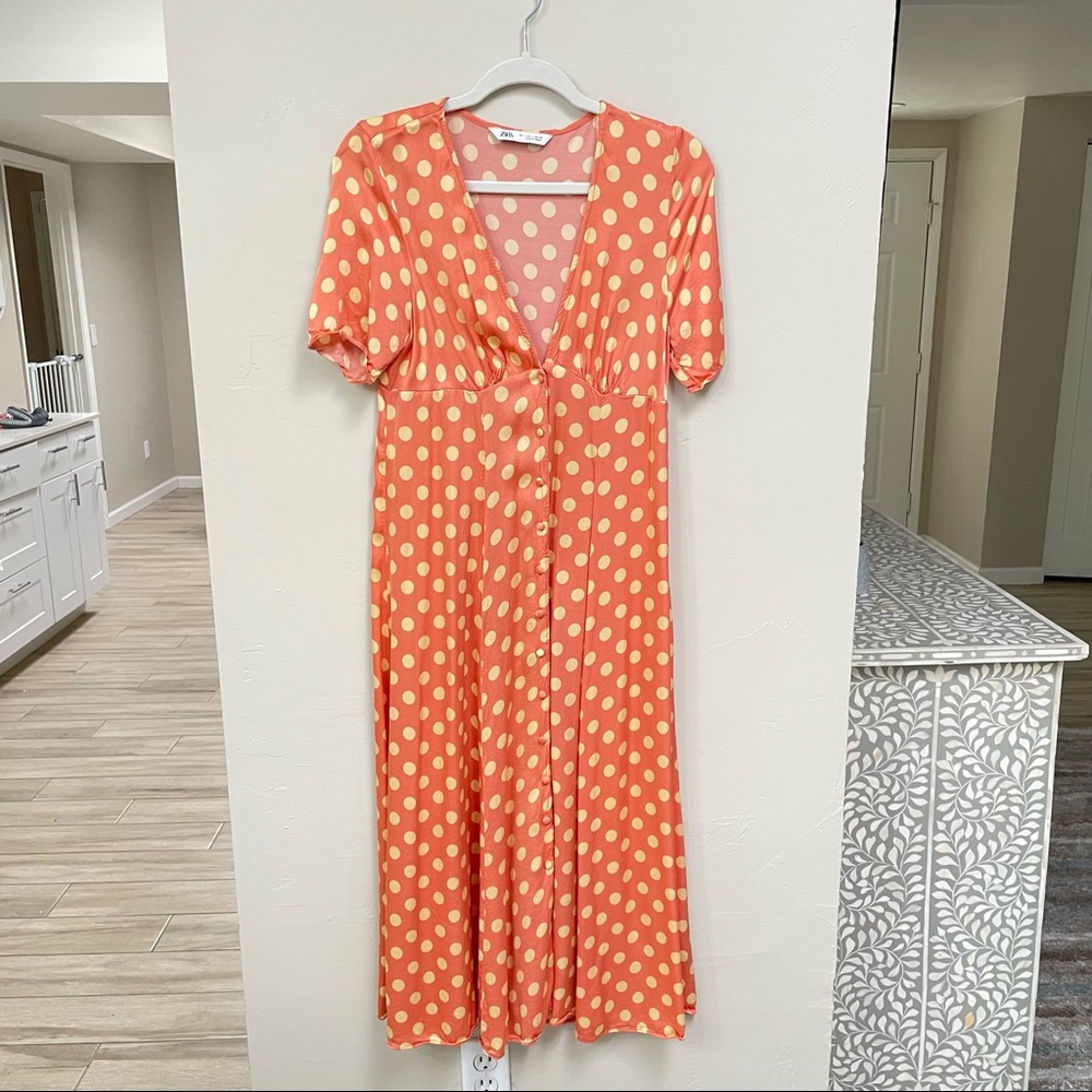 Zara polkadot satin dress orange midi
